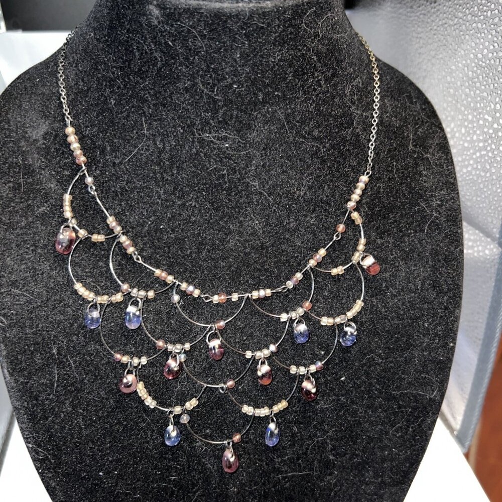 Neutral Boho Fringe Chandelier Collar Choker - Feminine Glass & Stone 19” Long